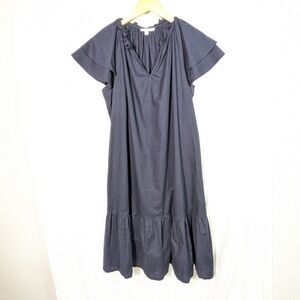 Chico's Navy Blue Maxi Dress, Cotton, Flowy, Contemporary, V-neck, Ruffles Sz 12